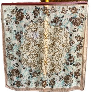 Sheer Blue Roses Floral Print 38” X 38” Scarf/Shawl Woven w Soft Trim & Tassles